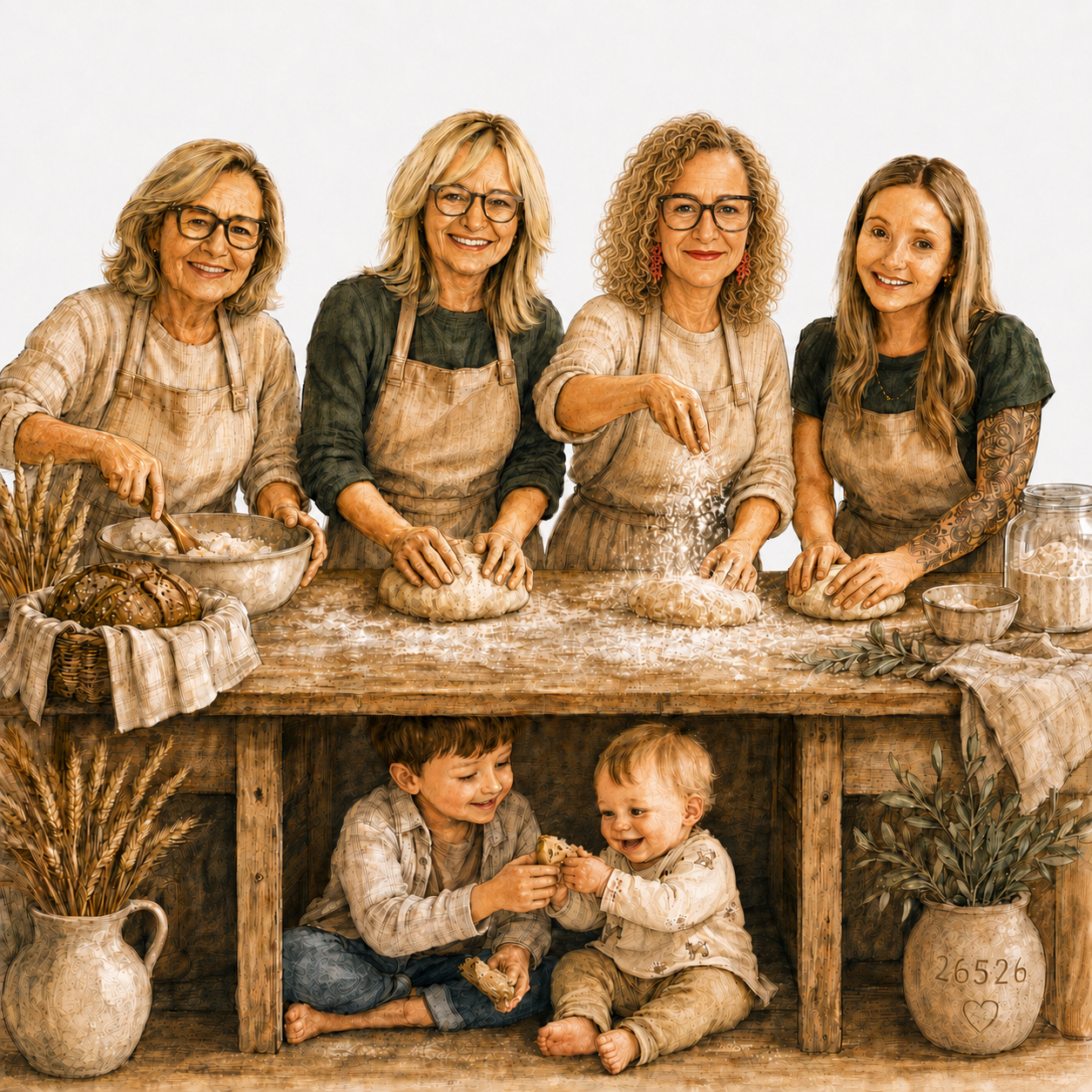 Die vier Teigschwestern beim Backen mit den Kleinen